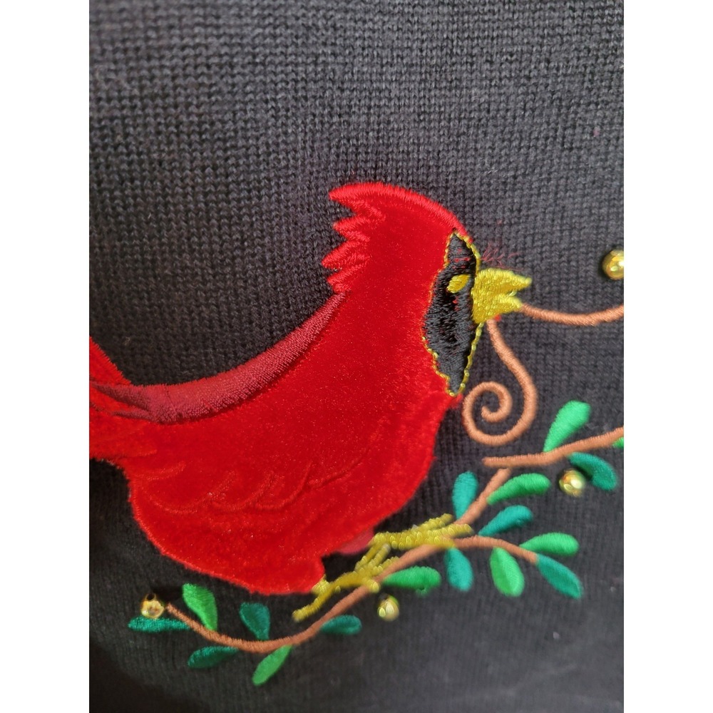 Vtg Classic Elements Cardigan Sweater Bird Embroidered Holiday Xmas Black Large - Picture 11 of 11
